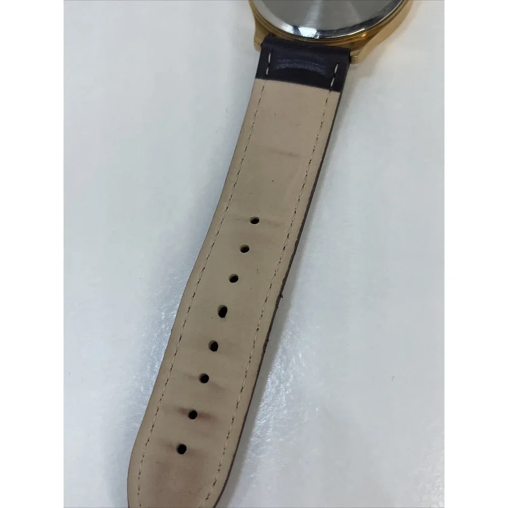 DIBI Men's White Round Dial Rose Gold Tone Brown Faux Leather Watch- New Battery